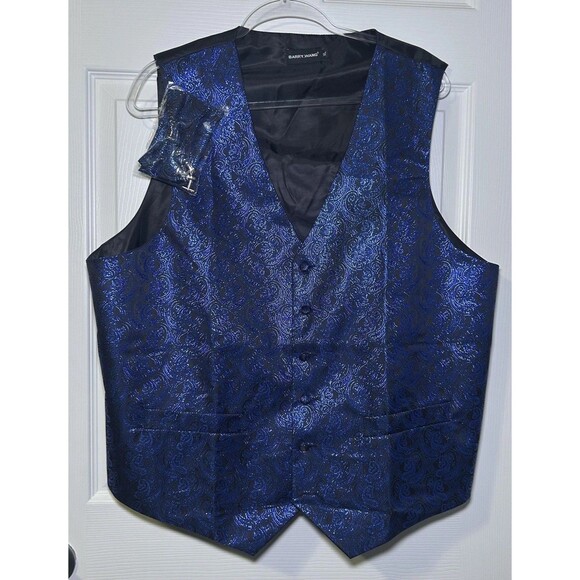 Barry.Wang Vest Men XL Blue Black Paisley Formal Set Bow Tie Hanky Wedding NWOT - Picture 2 of 10